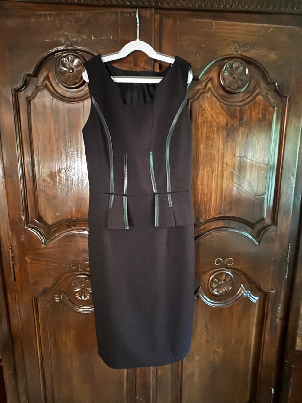 David Meister Black Sheath Dress with Contrast Leather Trim
